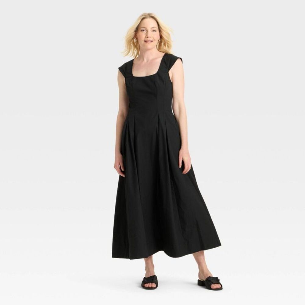 Black Square-Neck Midi Dress - Brand: